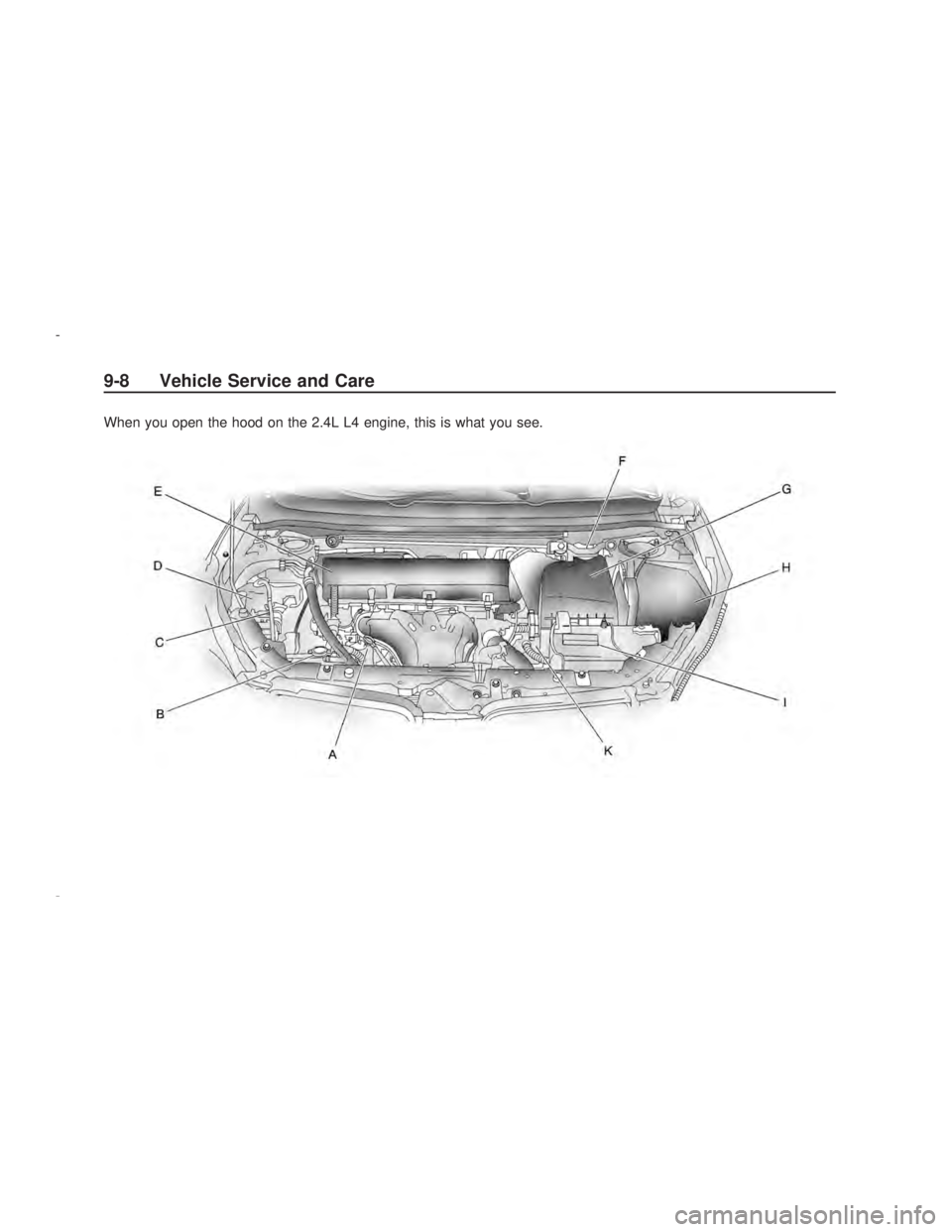 PONTIAC VIBE 2009  Owners Manual When you open the hood on the 2.4L L4 engine, this is what you see.
9-8 Vehicle Service and Care
2009 - Pontiac Vibe Owner Manual 