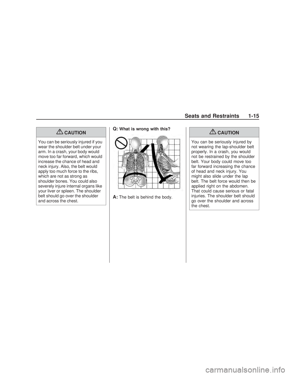PONTIAC VIBE 2009 User Guide {CAUTION
You can be seriously injured if you
wear the shoulder belt under your
arm. In a crash, your body would
move too far forward, which would
increase the chance of head and
neck injury. Also, the