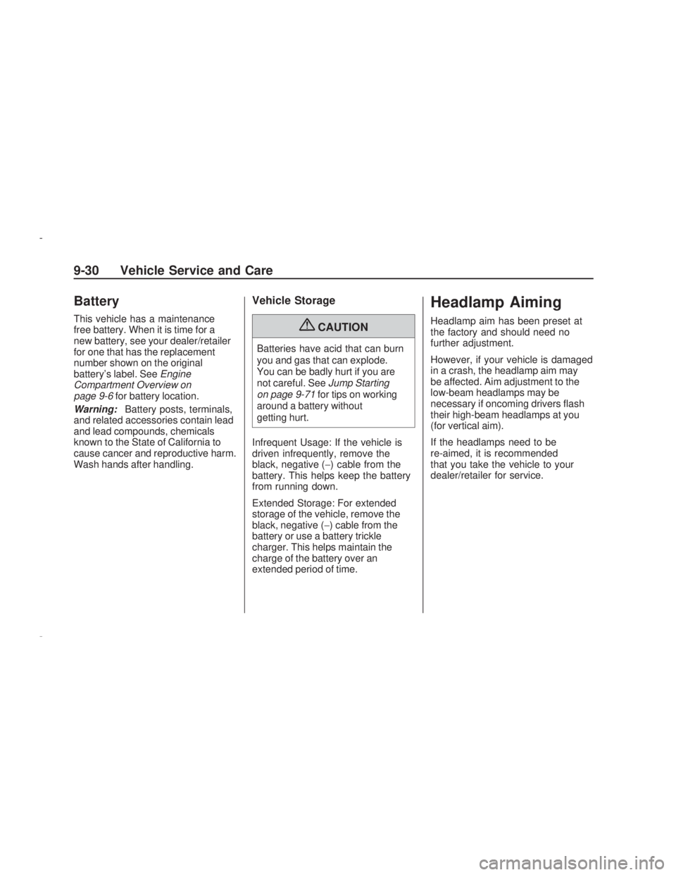 PONTIAC VIBE 2009 User Guide Battery
This vehicle has a maintenance
free battery. When it is time for a
new battery, see your dealer/retailer
for one that has the replacement
number shown on the original
battery’s label. SeeEng