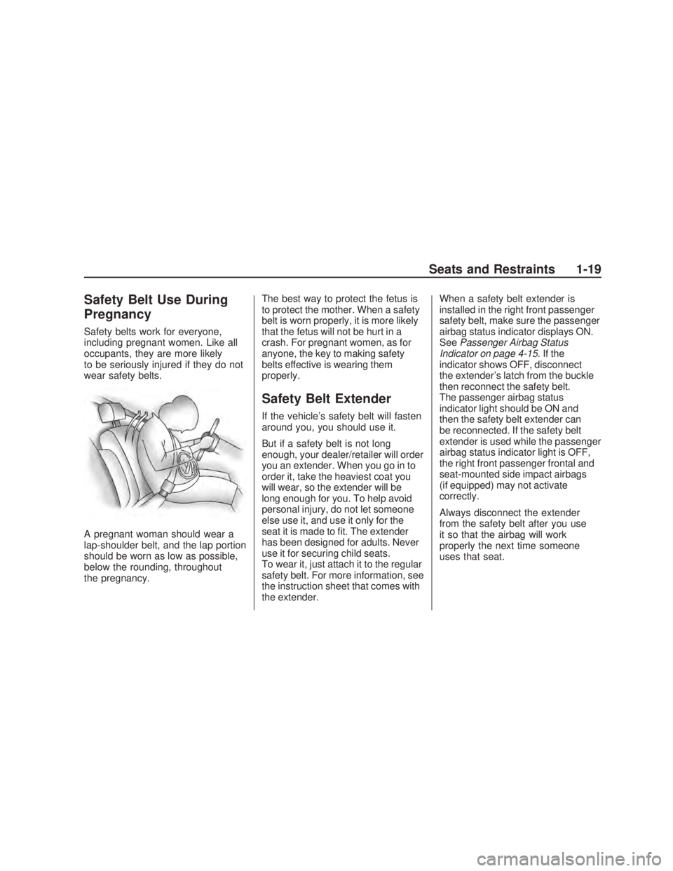 PONTIAC VIBE 2009 Owners Manual Safety Belt Use During
Pregnancy
Safety belts work for everyone,
including pregnant women. Like all
occupants, they are more likely
to be seriously injured if they do not
wear safety belts.
A pregnant PONTIAC VIBE 2009 Owners Manual Safety Belt Use During
Pregnancy
Safety belts work for everyone,
including pregnant women. Like all
occupants, they are more likely
to be seriously injured if they do not
wear safety belts.
A pregnant