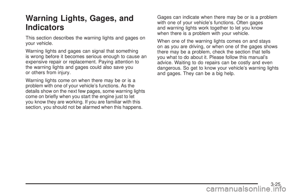 PONTIAC VIBE 2008  Owners Manual Warning Lights, Gages, and
Indicators
This section describes the warning lights and gages on
your vehicle.
Warning lights and gages can signal that something
is wrong before it becomes serious enough 