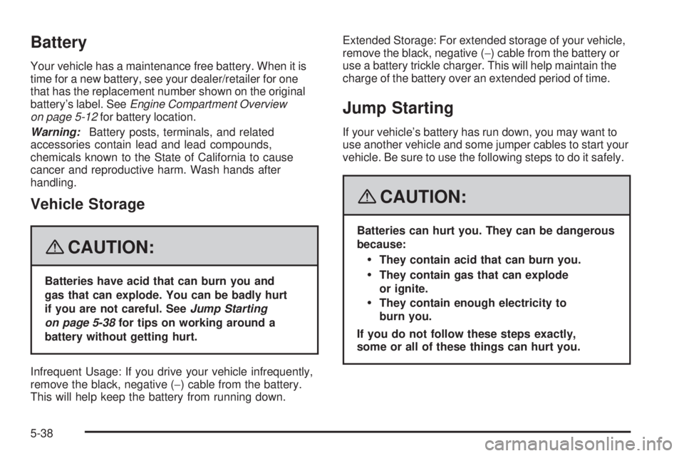 PONTIAC VIBE 2008  Owners Manual Battery
Your vehicle has a maintenance free battery. When it is
time for a new battery, see your dealer/retailer for one
that has the replacement number shown on the original
battery’s label. SeeEng