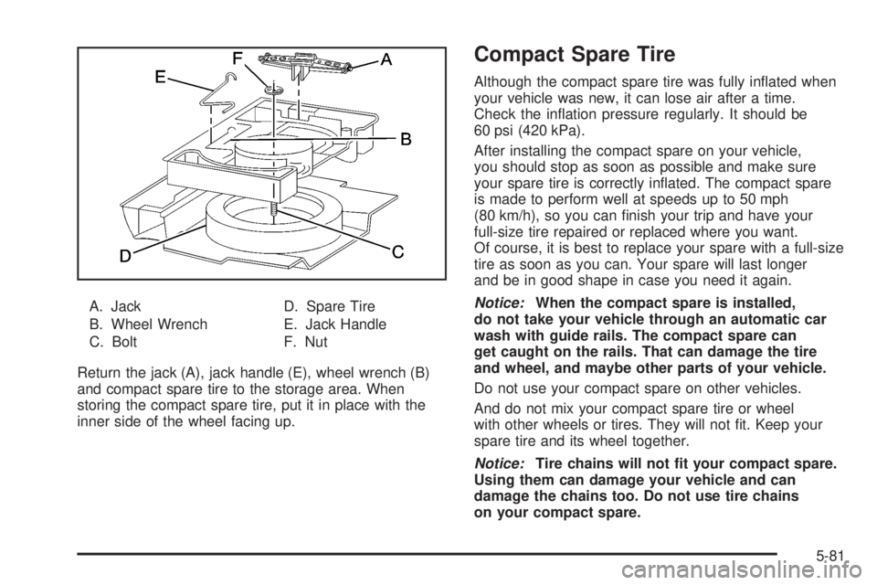 PONTIAC VIBE 2008  Owners Manual A. Jack
B. Wheel Wrench
C. BoltD. Spare Tire
E. Jack Handle
F. Nut
Return the jack (A), jack handle (E), wheel wrench (B)
and compact spare tire to the storage area. When
storing the compact spare tir