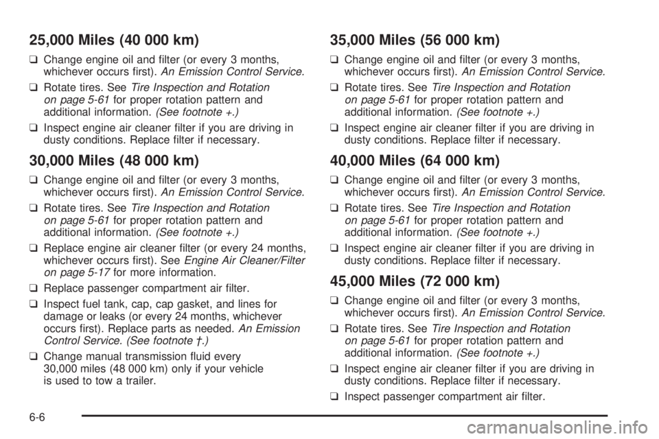 PONTIAC VIBE 2008  Owners Manual 25,000 Miles (40 000 km)
❑Change engine oil and �lter (or every 3 months,
whichever occurs �rst).An Emission Control Service.
❑Rotate tires. SeeTire Inspection and Rotation
on page 5-61for proper 