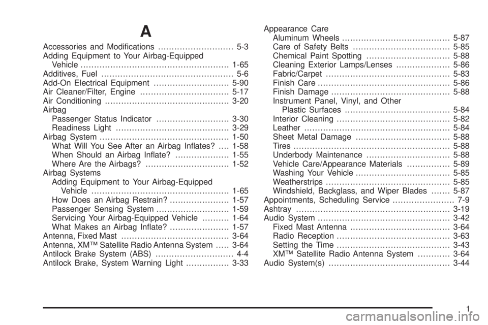 PONTIAC VIBE 2008  Owners Manual A
Accessories and Modi�cations............................ 5-3
Adding Equipment to Your Airbag-Equipped
Vehicle.......................................................1-65
Additives, Fuel..............
