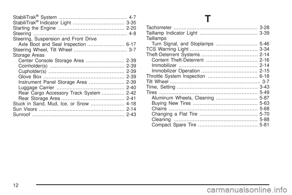 PONTIAC VIBE 2008  Owners Manual StabiliTrak®System.......................................... 4-7
StabiliTrak®Indicator Light................................3-35
Starting the Engine.........................................2-20
Stee