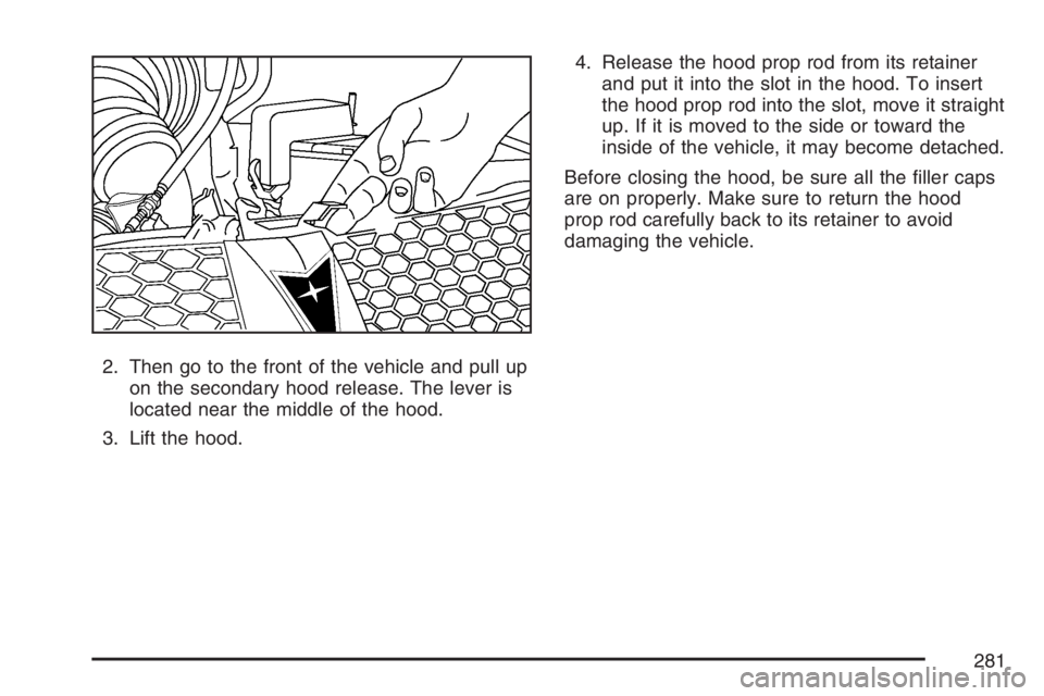 PONTIAC VIBE 2007 Owners Manual 2. Then go to the front of the vehicle and pull up
on the secondary hood release. The lever is
located near the middle of the hood.
3. Lift the hood.4. Release the hood prop rod from its retainer
and PONTIAC VIBE 2007 Owners Manual 2. Then go to the front of the vehicle and pull up
on the secondary hood release. The lever is
located near the middle of the hood.
3. Lift the hood.4. Release the hood prop rod from its retainer
and
