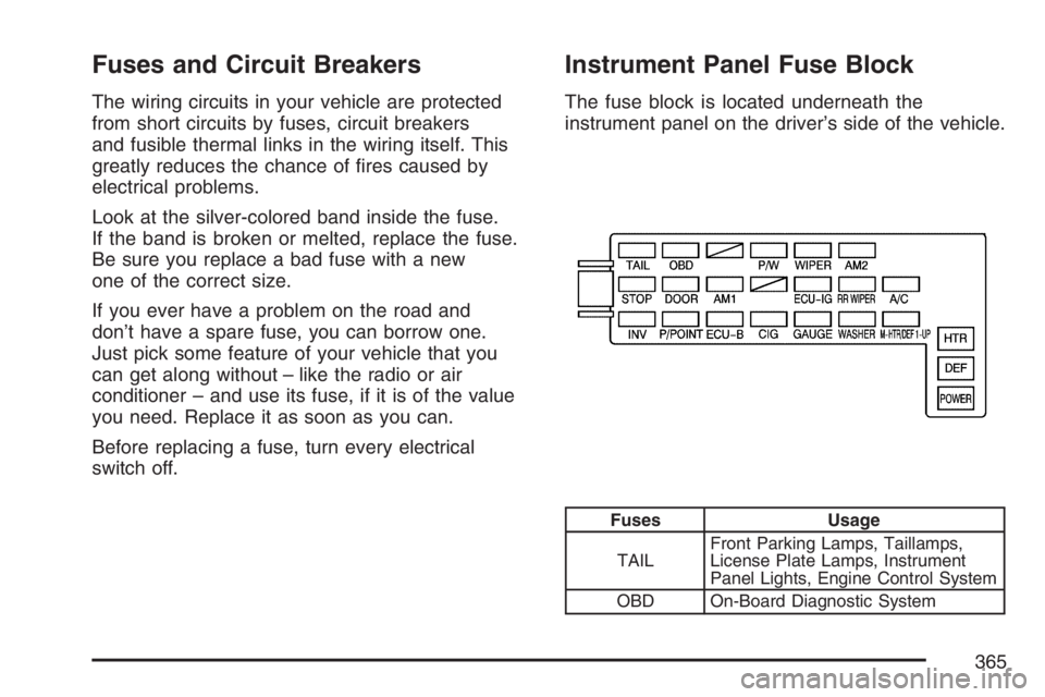 PONTIAC VIBE 2007  Owners Manual Fuses and Circuit Breakers
The wiring circuits in your vehicle are protected
from short circuits by fuses, circuit breakers
and fusible thermal links in the wiring itself. This
greatly reduces the cha
