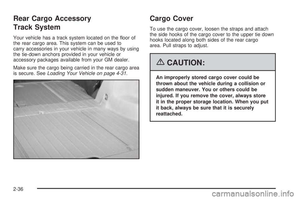 PONTIAC VIBE 2006  Owners Manual Rear Cargo Accessory
Track System
Your vehicle has a track system located on the �oor of
the rear cargo area. This system can be used to
carry accessories in your vehicle in many ways by using
the tie