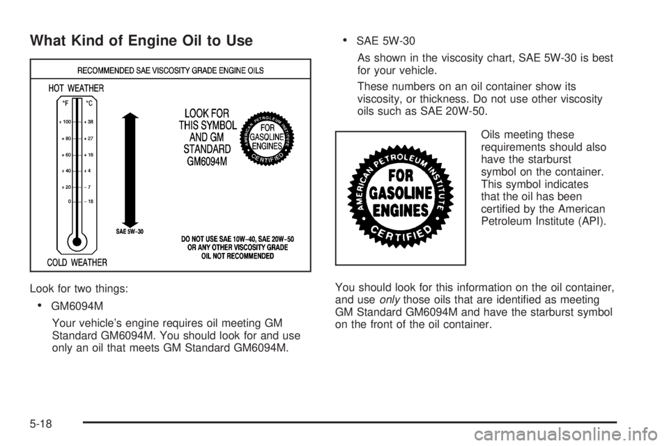 PONTIAC VIBE 2006 Owners Manual What Kind of Engine Oil to Use
Look for two things:
GM6094M
Your vehicle’s engine requires oil meeting GM
Standard GM6094M. You should look for and use
only an oil that meets GM Standard GM6094M.
PONTIAC VIBE 2006 Owners Manual What Kind of Engine Oil to Use
Look for two things:
GM6094M
Your vehicle’s engine requires oil meeting GM
Standard GM6094M. You should look for and use
only an oil that meets GM Standard GM6094M.
