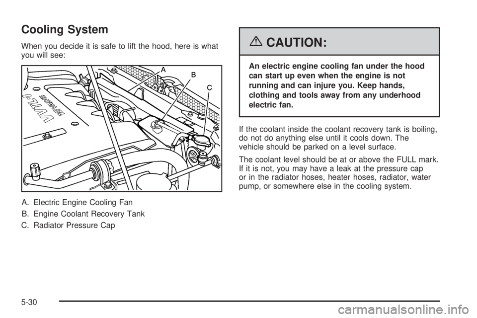 PONTIAC VIBE 2006  Owners Manual Cooling System
When you decide it is safe to lift the hood, here is what
you will see:
A. Electric Engine Cooling Fan
B. Engine Coolant Recovery Tank
C. Radiator Pressure Cap{CAUTION:
An electric engi