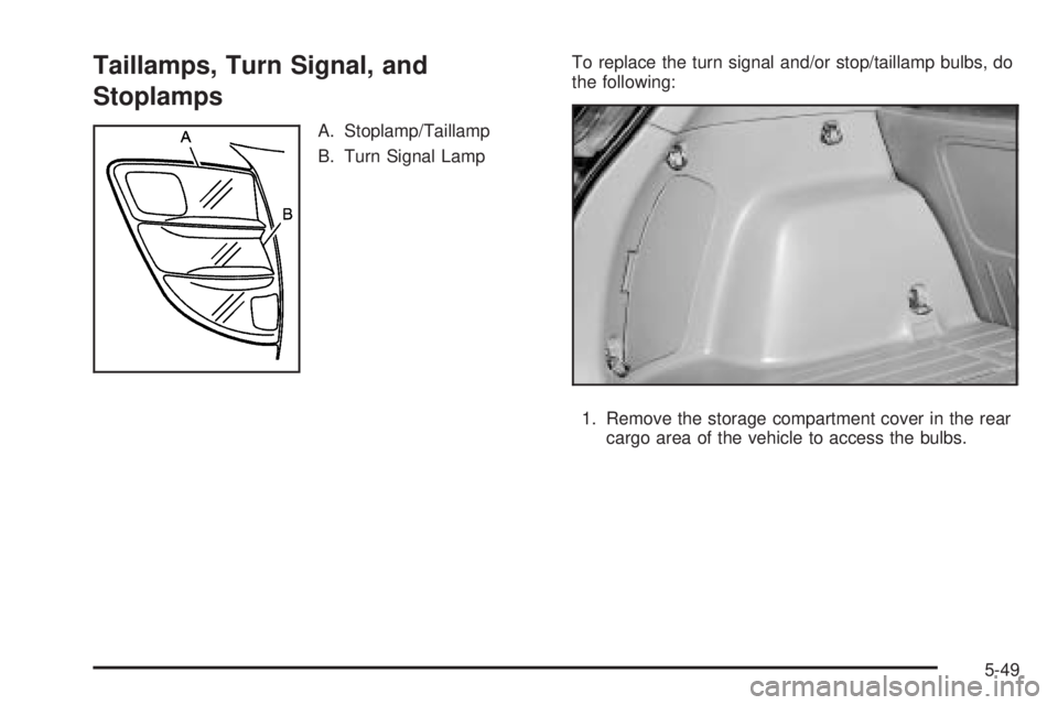 PONTIAC VIBE 2006  Owners Manual Taillamps, Turn Signal, and
Stoplamps
A. Stoplamp/Taillamp
B. Turn Signal LampTo replace the turn signal and/or stop/taillamp bulbs, do
the following:
1. Remove the storage compartment cover in the re