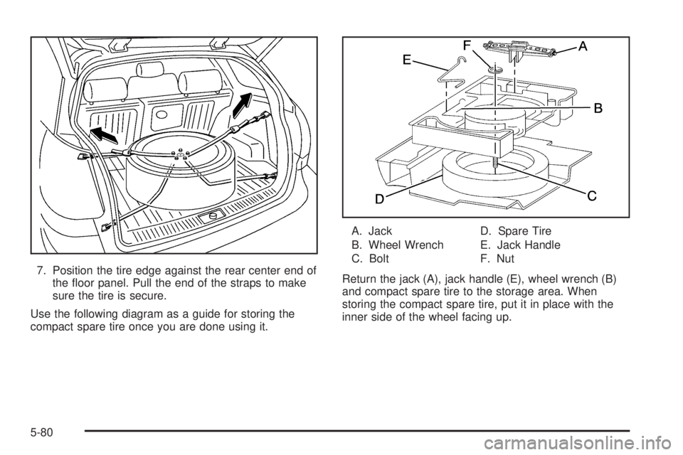 PONTIAC VIBE 2006  Owners Manual 7. Position the tire edge against the rear center end of
the �oor panel. Pull the end of the straps to make
sure the tire is secure.
Use the following diagram as a guide for storing the
compact spare 