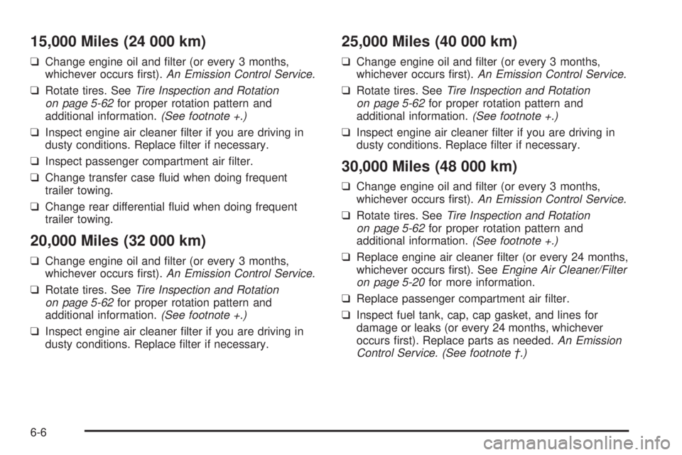 PONTIAC VIBE 2006  Owners Manual 15,000 Miles (24 000 km)
❑Change engine oil and �lter (or every 3 months,
whichever occurs �rst).An Emission Control Service.
❑Rotate tires. SeeTire Inspection and Rotation
on page 5-62for proper 