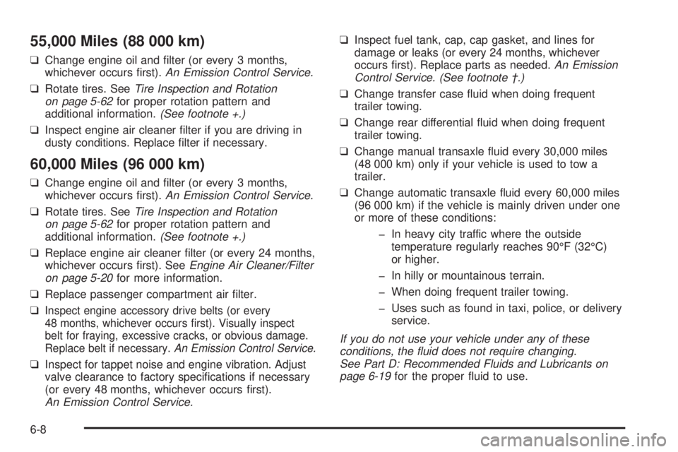 PONTIAC VIBE 2006  Owners Manual 55,000 Miles (88 000 km)
❑Change engine oil and �lter (or every 3 months,
whichever occurs �rst).An Emission Control Service.
❑Rotate tires. SeeTire Inspection and Rotation
on page 5-62for proper 