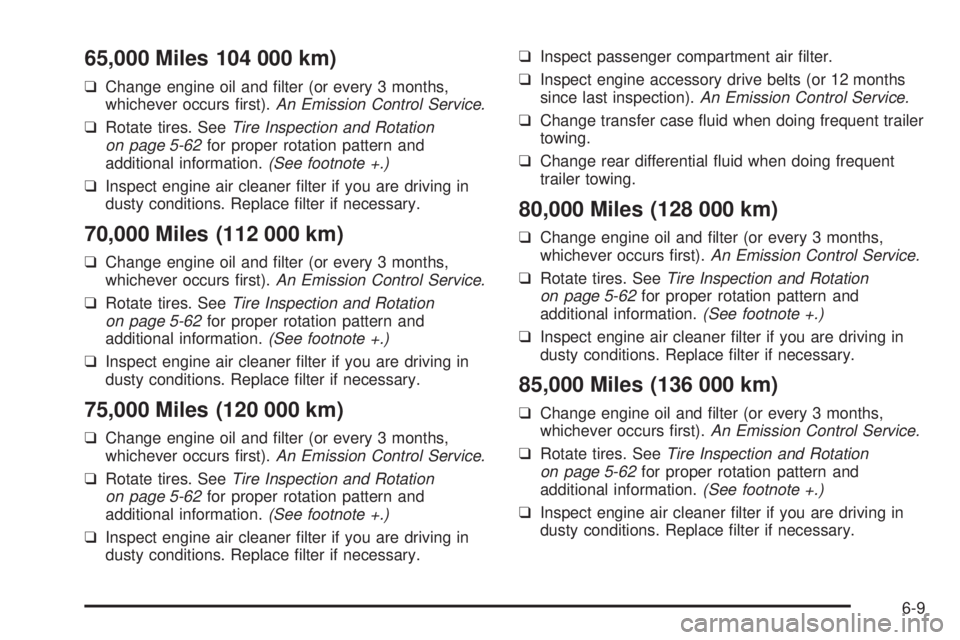 PONTIAC VIBE 2006  Owners Manual 65,000 Miles 104 000 km)
❑Change engine oil and �lter (or every 3 months,
whichever occurs �rst).An Emission Control Service.
❑Rotate tires. SeeTire Inspection and Rotation
on page 5-62for proper 