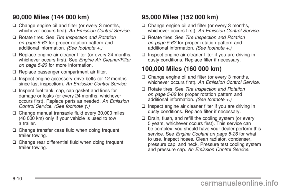PONTIAC VIBE 2006  Owners Manual 90,000 Miles (144 000 km)
❑Change engine oil and �lter (or every 3 months,
whichever occurs �rst).An Emission Control Service.
❑Rotate tires. SeeTire Inspection and Rotation
on page 5-62for proper