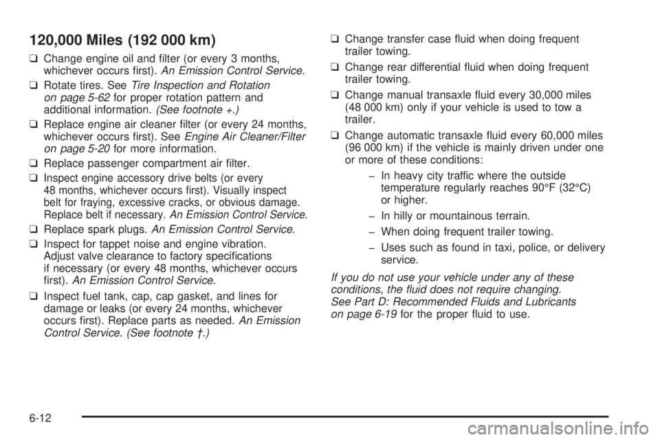 PONTIAC VIBE 2006  Owners Manual 120,000 Miles (192 000 km)
❑Change engine oil and �lter (or every 3 months,
whichever occurs �rst).An Emission Control Service.
❑Rotate tires. SeeTire Inspection and Rotation
on page 5-62for prope