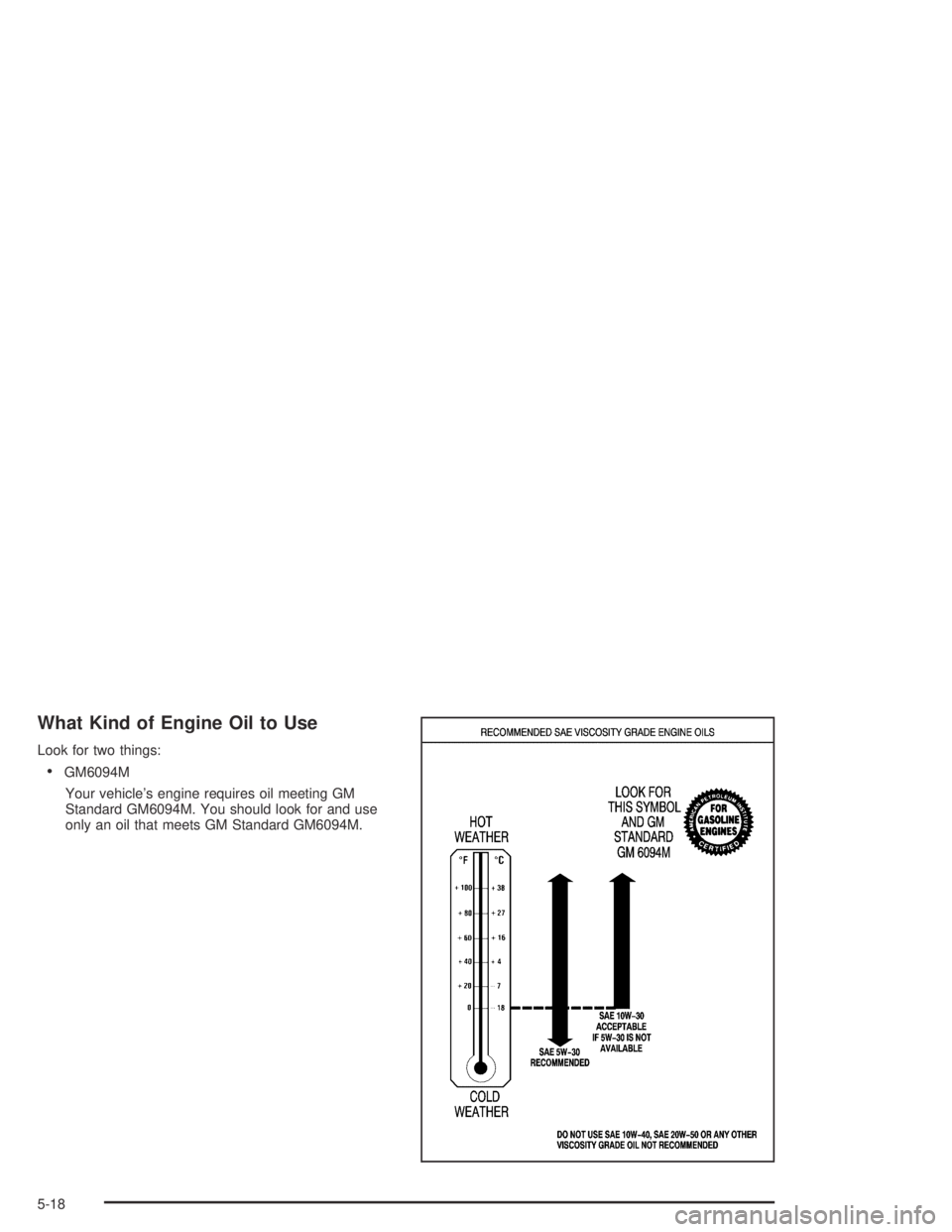 PONTIAC VIBE 2005 Repair Manual What Kind of Engine Oil to Use
Look for two things:
GM6094M
Your vehicle’s engine requires oil meeting GM
Standard GM6094M. You should look for and use
only an oil that meets GM Standard GM6094M.
5 PONTIAC VIBE 2005 Repair Manual What Kind of Engine Oil to Use
Look for two things:
GM6094M
Your vehicle’s engine requires oil meeting GM
Standard GM6094M. You should look for and use
only an oil that meets GM Standard GM6094M.
5