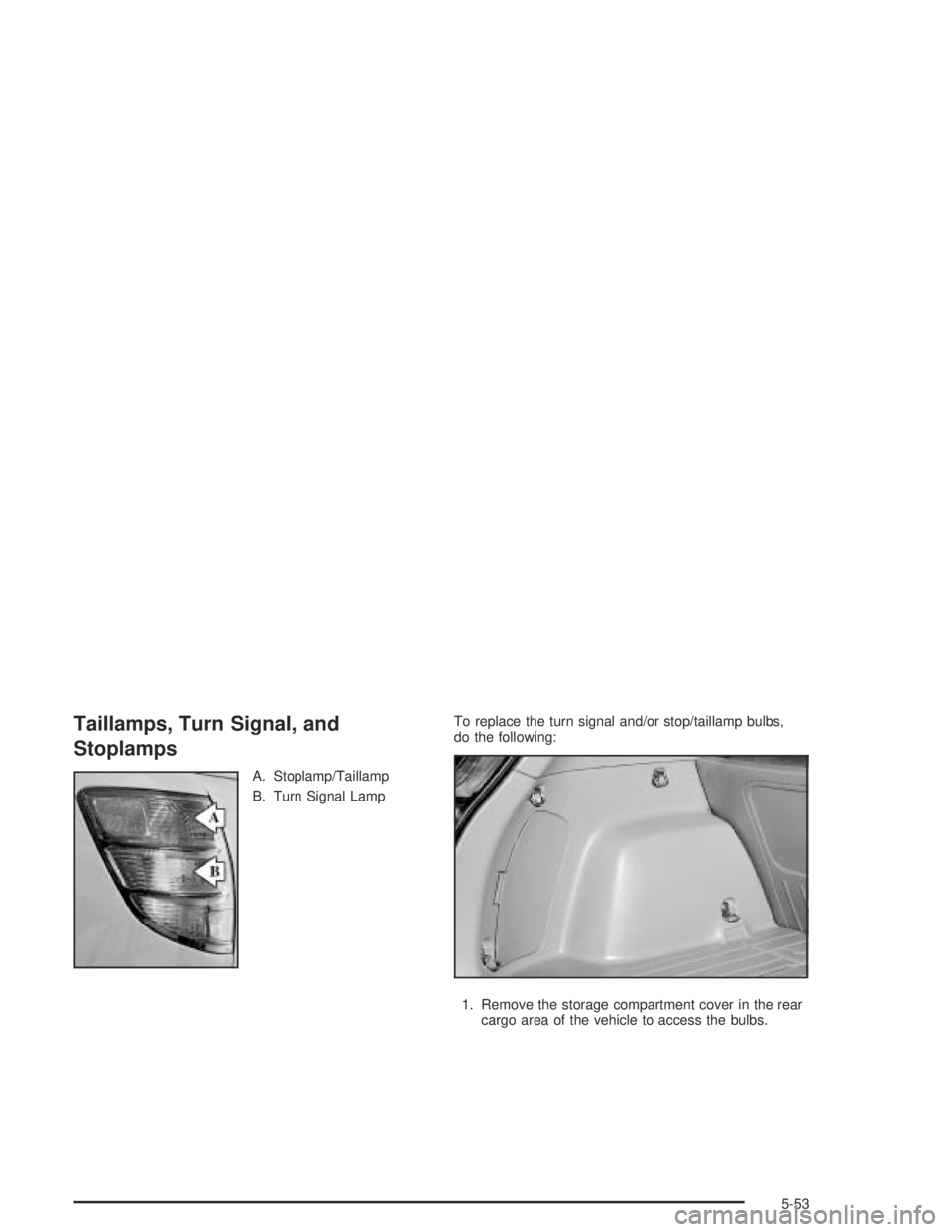 PONTIAC VIBE 2005  Owners Manual Taillamps, Turn Signal, and
Stoplamps
A. Stoplamp/Taillamp
B. Turn Signal LampTo replace the turn signal and/or stop/taillamp bulbs,
do the following:
1. Remove the storage compartment cover in the re