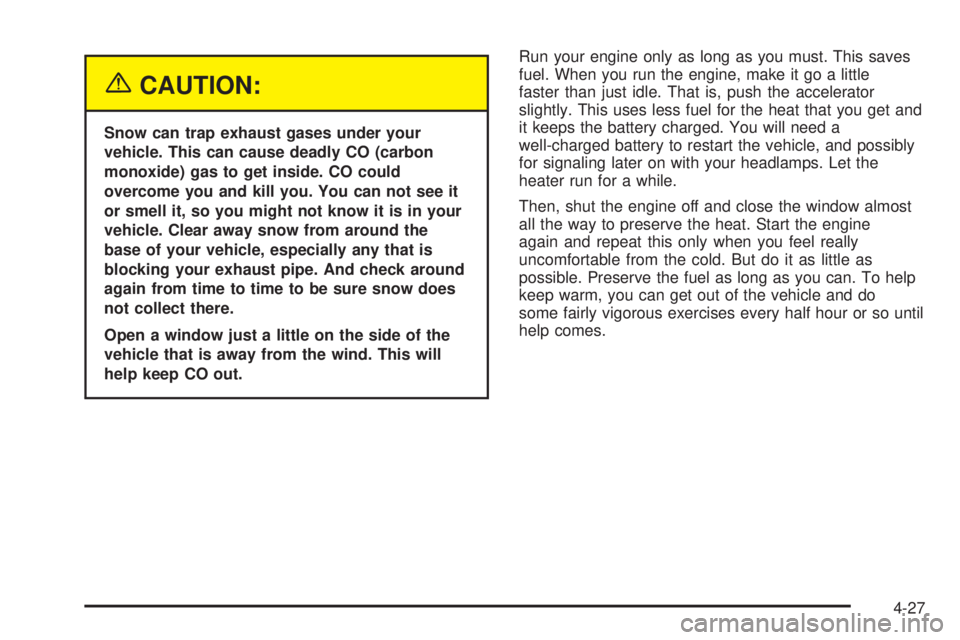 PONTIAC VIBE 2004  Owners Manual {CAUTION:
Snow can trap exhaust gases under your
vehicle. This can cause deadly CO (carbon
monoxide) gas to get inside. CO could
overcome you and kill you. You can not see it
or smell it, so you might