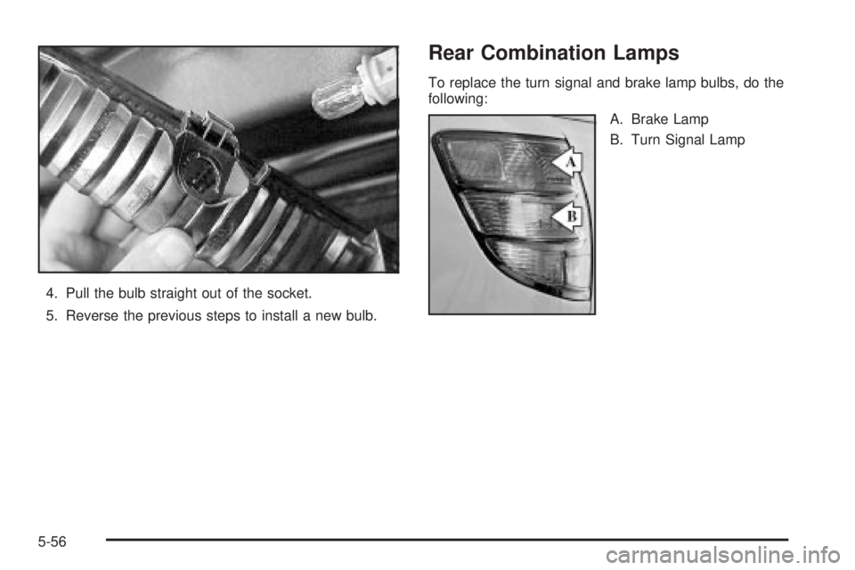 PONTIAC VIBE 2004  Owners Manual 4. Pull the bulb straight out of the socket.
5. Reverse the previous steps to install a new bulb.
Rear Combination Lamps
To replace the turn signal and brake lamp bulbs, do the
following:
A. Brake Lam