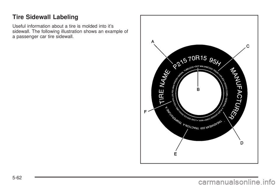 PONTIAC VIBE 2004  Owners Manual Tire Sidewall Labeling
Useful information about a tire is molded into its
sidewall. The following illustration shows an example of
a passenger car tire sidewall.
5-62 