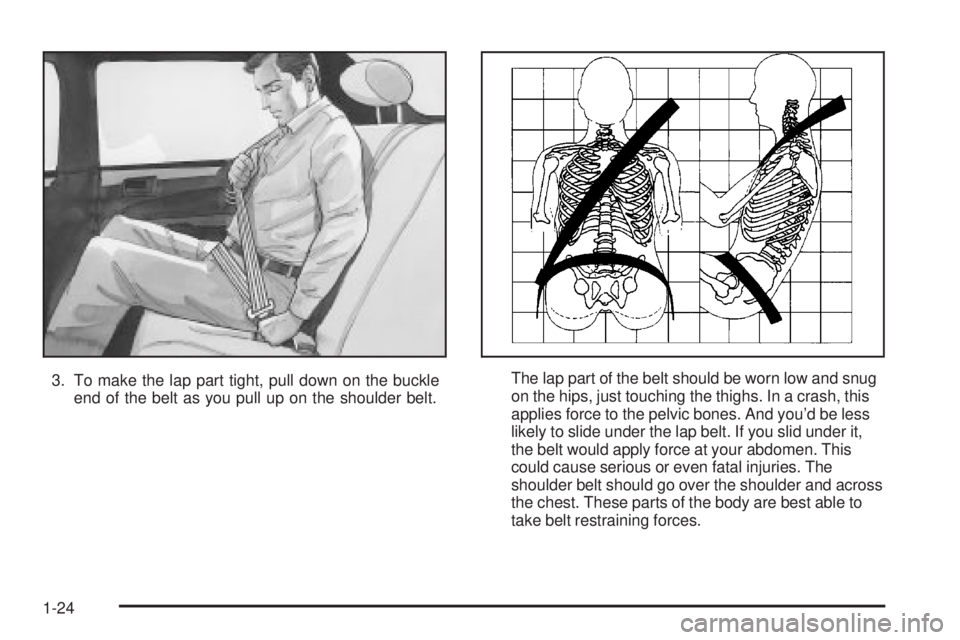 PONTIAC VIBE 2004 Owners Manual 3. To make the lap part tight, pull down on the buckle
end of the belt as you pull up on the shoulder belt.The lap part of the belt should be worn low and snug
on the hips, just touching the thighs. I
