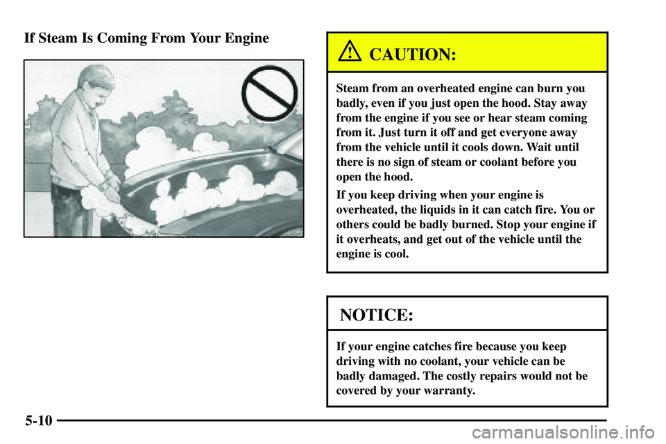 PONTIAC VIBE 2003  Owners Manual 5-10 If Steam Is Coming From Your Engine
CAUTION:
Steam from an overheated engine can burn you
badly, even if you just open the hood. Stay away
from the engine if you see or hear steam coming
from it.