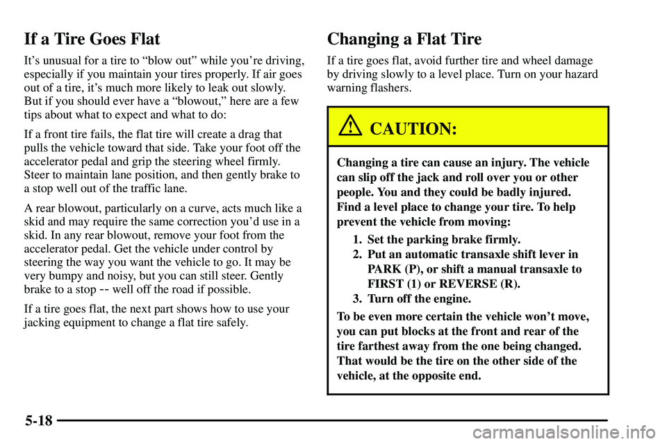 PONTIAC VIBE 2003  Owners Manual 5-18
If a Tire Goes Flat
Its unusual for a tire to ªblow outº while youre driving,
especially if you maintain your tires properly. If air goes
out of a tire, its much more likely to leak out slow