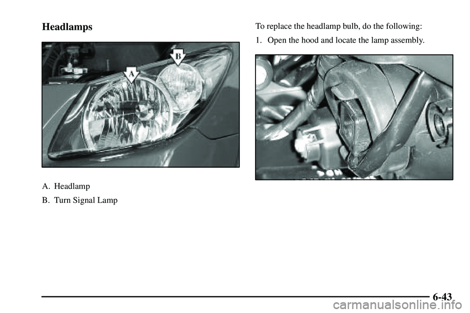 PONTIAC VIBE 2003  Owners Manual 6-43 Headlamps
A. Headlamp
B. Turn Signal LampTo replace the headlamp bulb, do the following:
1. Open the hood and locate the lamp assembly. 