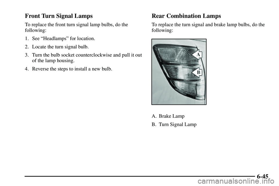 PONTIAC VIBE 2003  Owners Manual 6-45 Front Turn Signal Lamps
To replace the front turn signal lamp bulbs, do the
following:
1. See ªHeadlampsº for location.
2. Locate the turn signal bulb.
3. Turn the bulb socket counterclockwise 