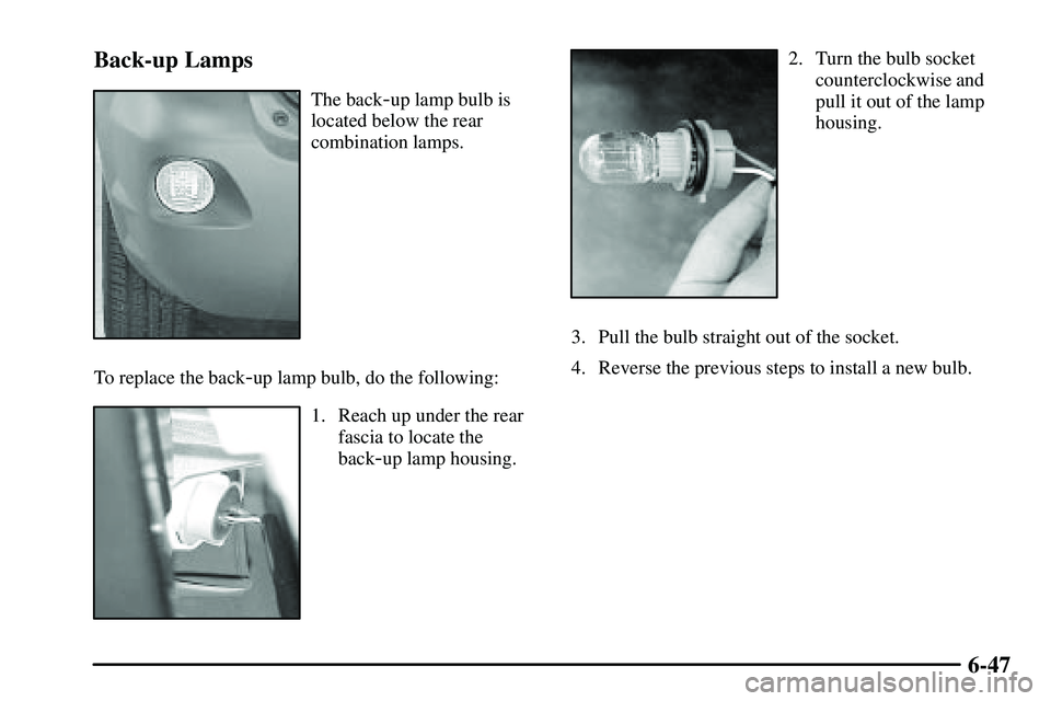 PONTIAC VIBE 2003 Owners Manual 6-47 Back-up Lamps
The back-up lamp bulb is
located below the rear
combination lamps.
To replace the back
-up lamp bulb, do the following:
1. Reach up under the rear
fascia to locate the
back
-up lamp PONTIAC VIBE 2003 Owners Manual 6-47 Back-up Lamps
The back-up lamp bulb is
located below the rear
combination lamps.
To replace the back
-up lamp bulb, do the following:
1. Reach up under the rear
fascia to locate the
back
-up lamp