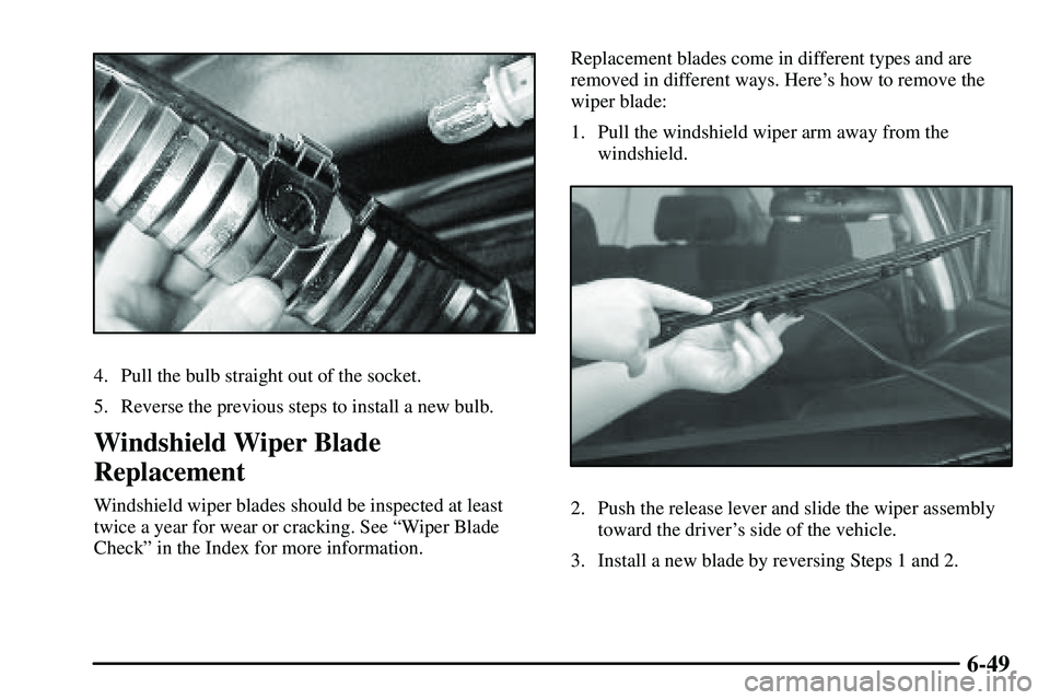 PONTIAC VIBE 2003 Owners Manual 6-49
4. Pull the bulb straight out of the socket.
5. Reverse the previous steps to install a new bulb.
Windshield Wiper Blade
Replacement
Windshield wiper blades should be inspected at least
twice a y PONTIAC VIBE 2003 Owners Manual 6-49
4. Pull the bulb straight out of the socket.
5. Reverse the previous steps to install a new bulb.
Windshield Wiper Blade
Replacement
Windshield wiper blades should be inspected at least
twice a y