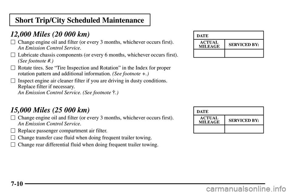PONTIAC VIBE 2003  Owners Manual Short Trip/City Scheduled Maintenance
7-10
12,000 Miles (20 000 km)
Change engine oil and filter (or every 3 months, whichever occurs first). 
An Emission Control Service. 
Lubricate chassis compone