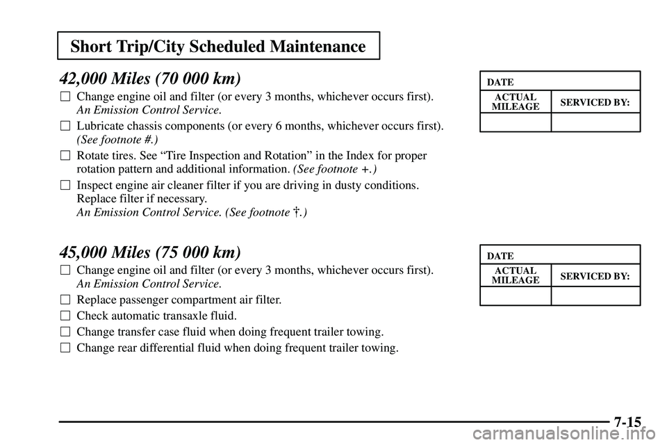 PONTIAC VIBE 2003  Owners Manual Short Trip/City Scheduled Maintenance
7-15
42,000 Miles (70 000 km)
Change engine oil and filter (or every 3 months, whichever occurs first). 
An Emission Control Service. 
Lubricate chassis compone