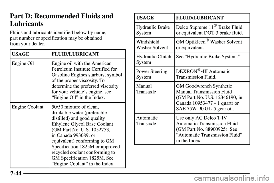 PONTIAC VIBE 2003 Owners Manual 7-44
Part D: Recommended Fluids and
Lubricants
Fluids and lubricants identified below by name, 
part number or specification may be obtained 
from your dealer.
USAGE
FLUID/LUBRICANT
Engine OilEngine o