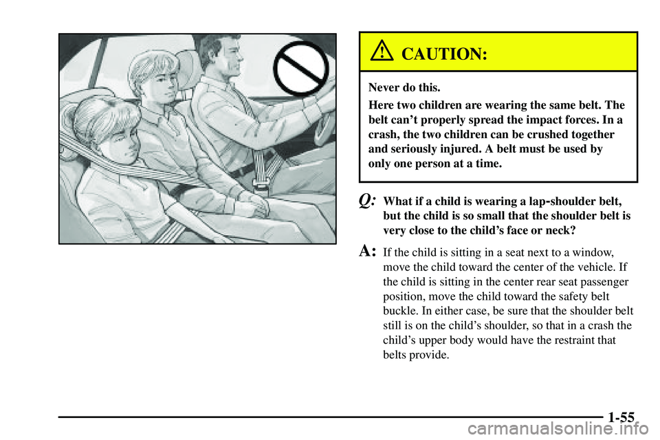 PONTIAC VIBE 2003  Owners Manual 1-55
CAUTION:
Never do this.
Here two children are wearing the same belt. The
belt cant properly spread the impact forces. In a
crash, the two children can be crushed together
and seriously injured. 