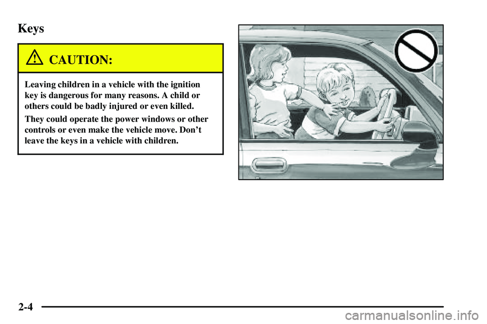 PONTIAC VIBE 2003 Repair Manual 2-4
Keys
CAUTION:
Leaving children in a vehicle with the ignition
key is dangerous for many reasons. A child or
others could be badly injured or even killed.
They could operate the power windows or ot