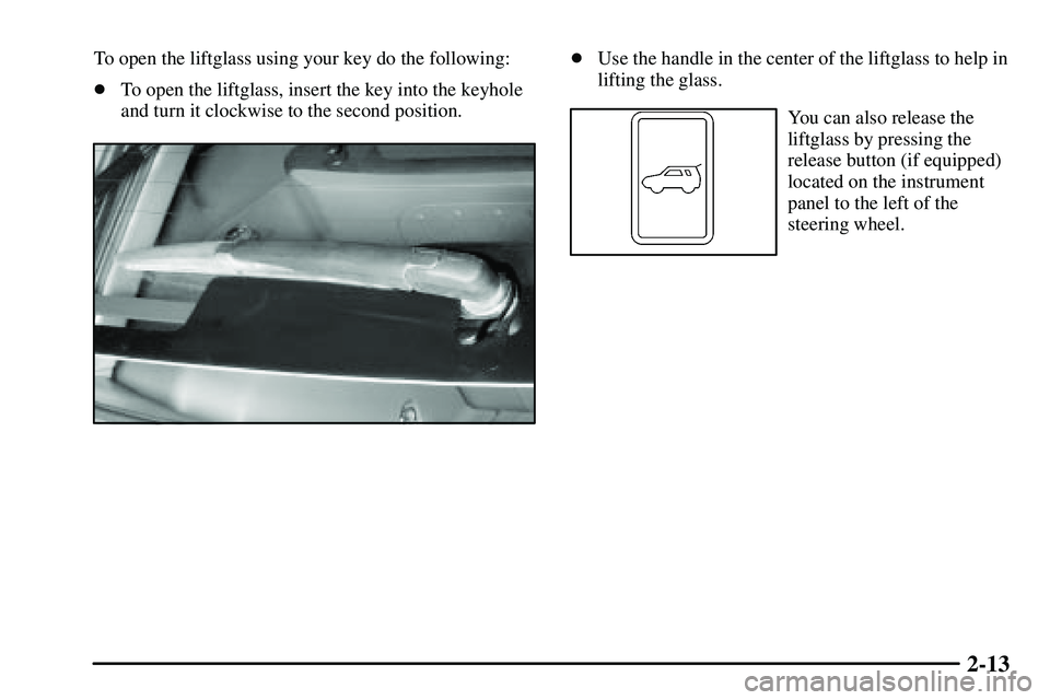 PONTIAC VIBE 2003  Owners Manual 2-13
To open the liftglass using your key do the following:
To open the liftglass, insert the key into the keyhole
and turn it clockwise to the second position.Use the handle in the center of the li