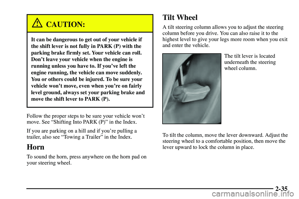 PONTIAC VIBE 2003  Owners Manual 2-35
CAUTION:
It can be dangerous to get out of your vehicle if
the shift lever is not fully in PARK (P) with the
parking brake firmly set. Your vehicle can roll.
Dont leave your vehicle when the eng