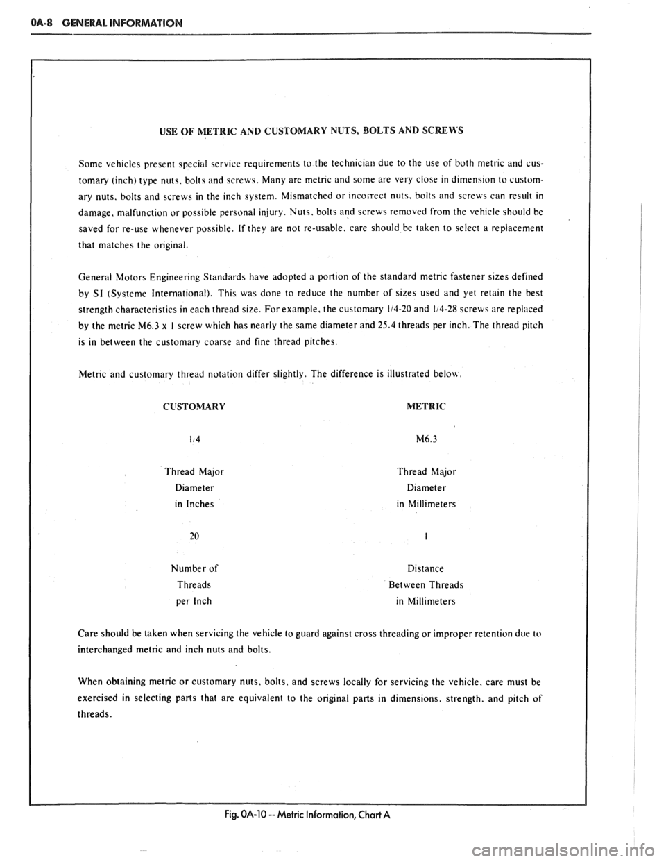 PONTIAC FIERO 1988  Service User Guide 
08-8 GENERAL INFORMATION 
USE OF METRIC AND  CUSTOMARY  NUTS,  BOLTS  AND SCRERS 
Some veh~cles present spec~al servlce requ~rements to the technrc~a~l due  to the  use of both  metnc  and  cus- 
tom