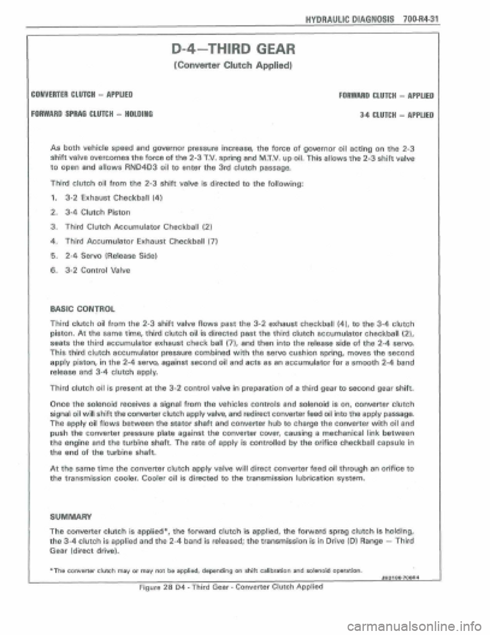 PONTIAC FIERO 1988  Service Repair Manual 
HYDRAULIC DfAQNOSIS 70044-31 
As both vehicle speed and governor pressure  increase, the force of gowrnor oil acting on the 2-3 
shift valve overcomes the force of the 2-3 T.V. spring and MXV. up oil