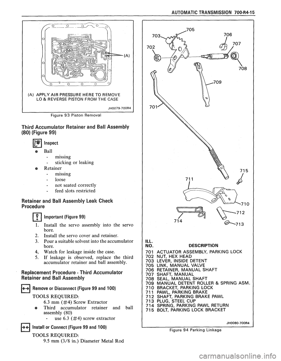 PONTIAC FIERO 1988 Service Repair Manual
AUTOMATIC TRANSMISSION 700.84-1 5
(A) APPLY AIR PRESSURE WERE TO REMOVE
LO & REVERSE PISTON FROM THE CASE
Third Accumulator Retainer and Ball Assembly
(80) (Figure 99)
Ball
- missing
- sti PONTIAC FIERO 1988 Service Repair Manual
AUTOMATIC TRANSMISSION 700.84-1 5
(A) APPLY AIR PRESSURE WERE TO REMOVE
LO & REVERSE PISTON FROM THE CASE
Third Accumulator Retainer and Ball Assembly
(80) (Figure 99)
Ball
- missing
- sti