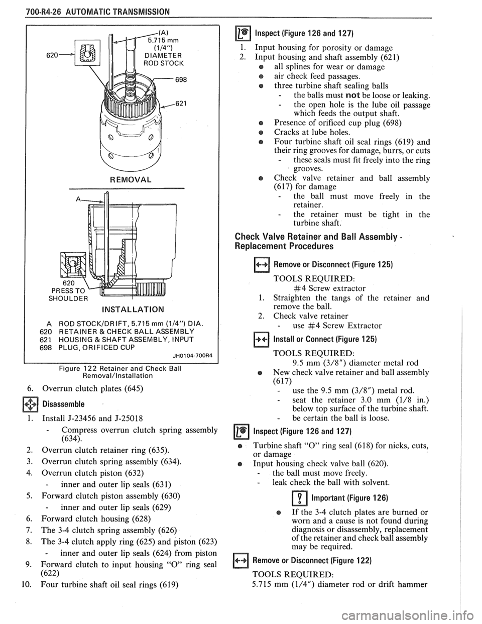 PONTIAC FIERO 1988 Service Repair Manual
700-84-26 AUTOMATIC TRANSMISSION
SHOULDER
INSTALLATION
A ROD STOCI</DRIFT, 5.715 mm (114") DIA.
620 RETAINER
& CHECK BALL ASSEMBLY
621 HOUSING
& SHAFT ASSEMBLY, INPUT
698 PLUG, ORIFICE PONTIAC FIERO 1988 Service Repair Manual
700-84-26 AUTOMATIC TRANSMISSION
SHOULDER
INSTALLATION
A ROD STOCI</DRIFT, 5.715 mm (114") DIA.
620 RETAINER
& CHECK BALL ASSEMBLY
621 HOUSING
& SHAFT ASSEMBLY, INPUT
698 PLUG, ORIFICE