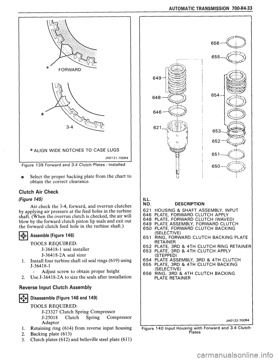 PONTIAC FIERO 1988 Service Repair Manual
I *ALIGN WIDE NOTCHES TO CASE LUGS (
Select the proper backing plate from the chart to
obtain the correct clearance.
Clutch Air Check
(Figure 145)
Air check the 3-4, forward, and overr PONTIAC FIERO 1988 Service Repair Manual
I *ALIGN WIDE NOTCHES TO CASE LUGS (
Select the proper backing plate from the chart to
obtain the correct clearance.
Clutch Air Check
(Figure 145)
Air check the 3-4, forward, and overr