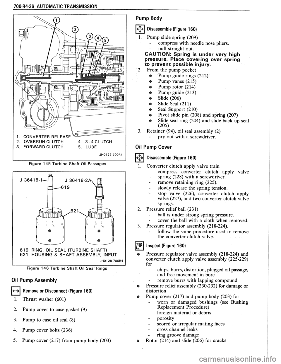 PONTIAC FIERO 1988 Service Repair Manual
700-R4-36 AUTOMATIC TRANSMISSION
619 RING, OIL SEAL (TURBINE 621 HOUSING & SHAFT ASSE
JH0128-700R4
2. OVERRUN CLUTCH 4. 3 -4 CLUTCH
3. FORWARD CLUTCH
Figure
145 Turbine Shaft Oil Passages PONTIAC FIERO 1988 Service Repair Manual
700-R4-36 AUTOMATIC TRANSMISSION
619 RING, OIL SEAL (TURBINE 621 HOUSING & SHAFT ASSE
JH0128-700R4
2. OVERRUN CLUTCH 4. 3 -4 CLUTCH
3. FORWARD CLUTCH
Figure
145 Turbine Shaft Oil Passages