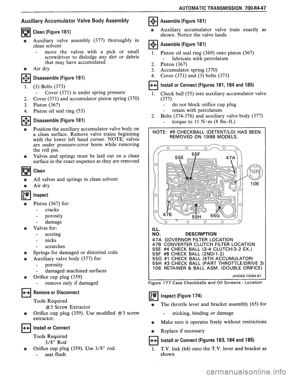 PONTIAC FIERO 1988  Service Repair Manual 
AUTOMATIC TRANSMISSION  700-R4-47 
Auxiliary Accumulator  Valve Body Assembly 
Clean  (Figure  181) 
e Auxiliary  valve  assembly  (377) thoroughly  in 
clean  solvent 
- move  the valves  with a pic