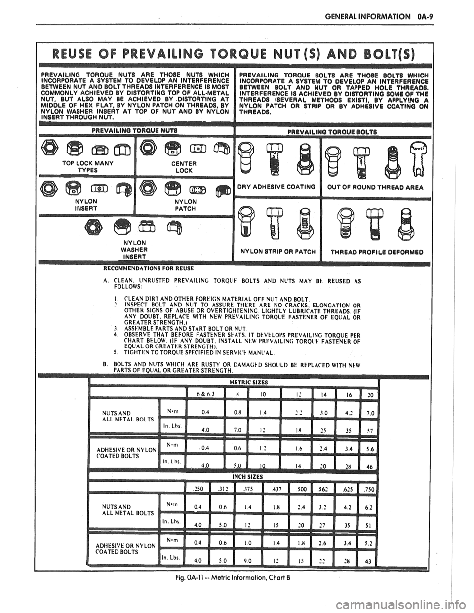 PONTIAC FIERO 1988  Service User Guide 
GENERAL INFORMATION OA-9 
REUSE OF PREVAILING "TRQUE NUT AND BOLT 
WASHER NYLON STRIP OR PATC 
I 
A. CLEAN, llNRUSTFD PREVAILING TORQllF BOLTS  AND NLTS  MAY Bk. REUSED  AS FOLL.0WS I I. CLEAN DIRT 