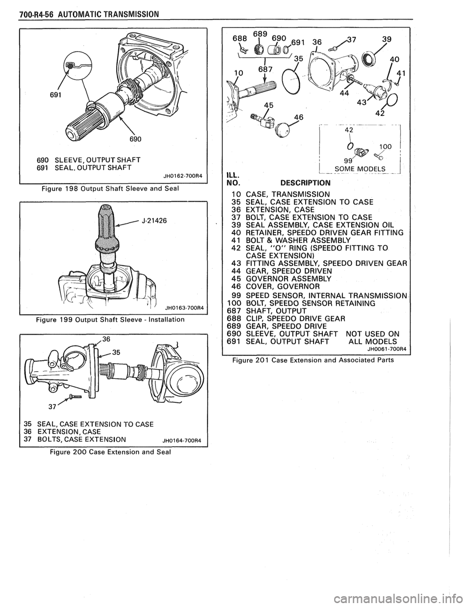 PONTIAC FIERO 1988  Service Repair Manual 
700-W4-56 AUTOMAT lC TRANSMISSION 
690 SLEEVE,  OUTPUT SHAFT 
691  SEAL.  OUTPUT  SHAFT 
Figure  198 Output Shaft  Sleeve and Seal 
Figure  199 Output Shaft  Sleeve 
- Installation 
35  SEAL,  CASE E